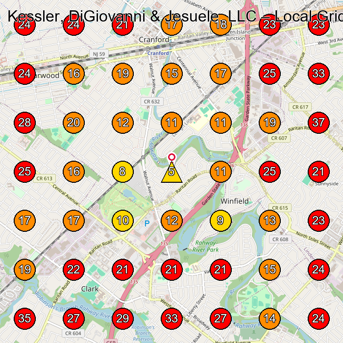 Kessler, DiGiovanni & Jesuele, LLC GeoGrid visibility map for Personal Injury Attorney in Woodbridge